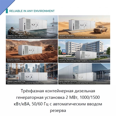 Трёхфазная контейнерная дизельная генераторная установка 2 МВт, 1000/1500 кВт/кВА, 50/60 Гц с автоматическим вводом резерва