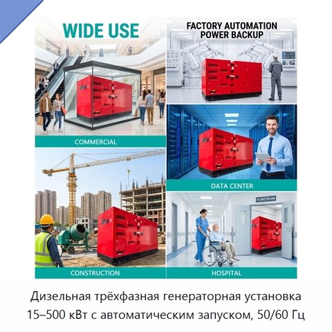 Дизельная трёхфазная генераторная установка 15–500 кВт с автоматическим запуском, 50/60 Гц