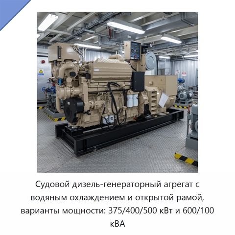 Судовой дизель-генераторный агрегат с водяным охлаждением и открытой рамой, варианты мощности: 375/400/500 кВт и 600/100 кВА