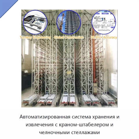 Автоматизированная система хранения и извлечения с краном-штабелером и челночными стеллажами