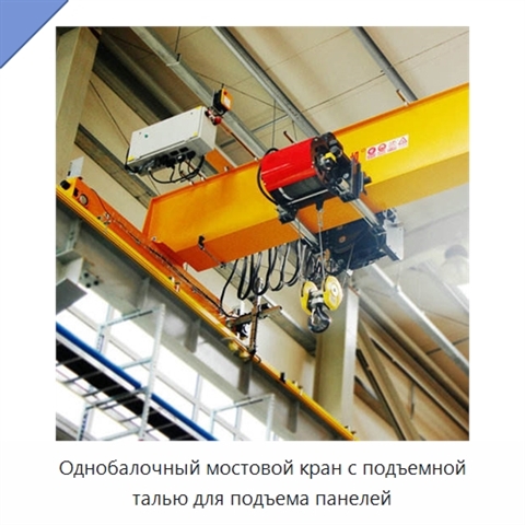 Однобалочный мостовой кран с подъемной талью для подъема панелей