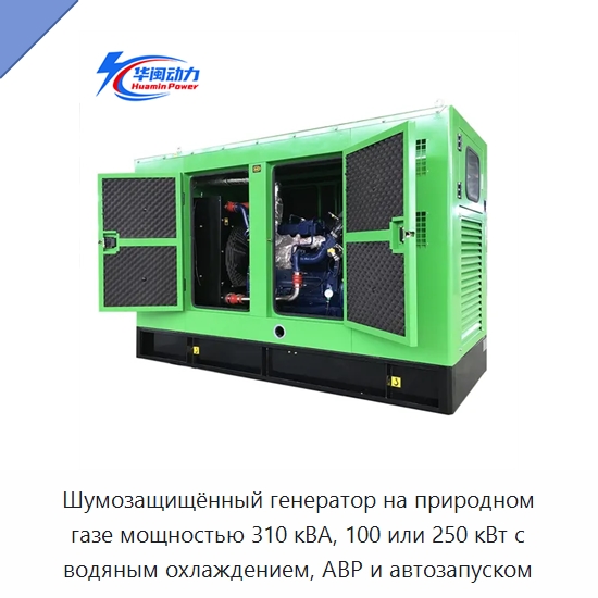 Шумозащищённый генератор на природном газе мощностью 310 кВА, 100 или 250 кВт с водяным охлаждением, АВР и автозапуском — Газотурбинные генераторы