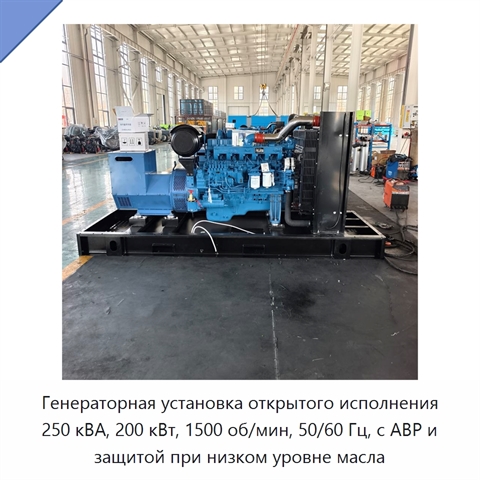 Генераторная установка открытого исполнения 250 кВА, 200 кВт, 1500 об/мин, 50/60 Гц, с АВР и защитой при низком уровне масла
