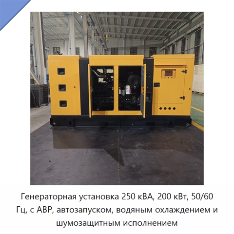 Генераторная установка 250 кВА, 200 кВт, 50/60 Гц, с АВР, автозапуском, водяным охлаждением и шумозащитным исполнением