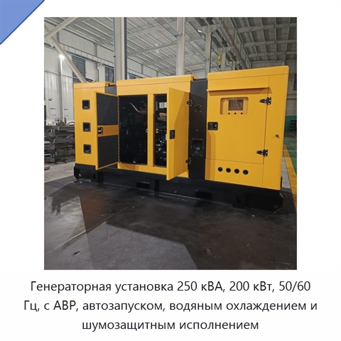 Генераторная установка 250 кВА, 200 кВт, 50/60 Гц, с АВР, автозапуском, водяным охлаждением и шумозащитным исполнением