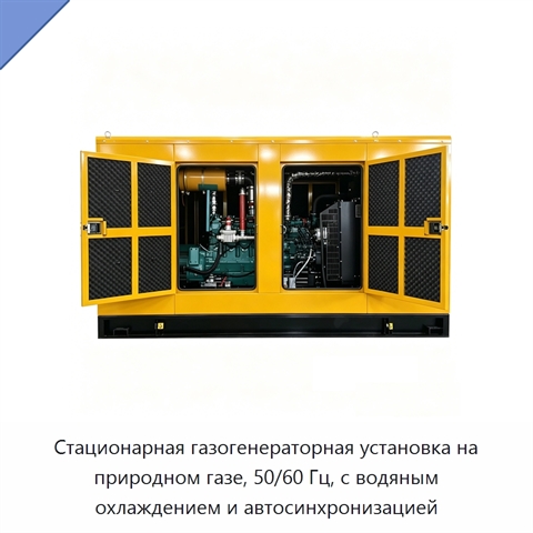 Стационарная газогенераторная установка на природном газе, 50/60 Гц, с водяным охлаждением и автосинхронизацией