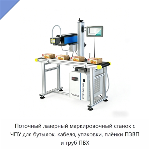 Поточный лазерный маркировочный станок с ЧПУ для бутылок, кабеля, упаковки, плёнки ПЭВП и труб ПВХ