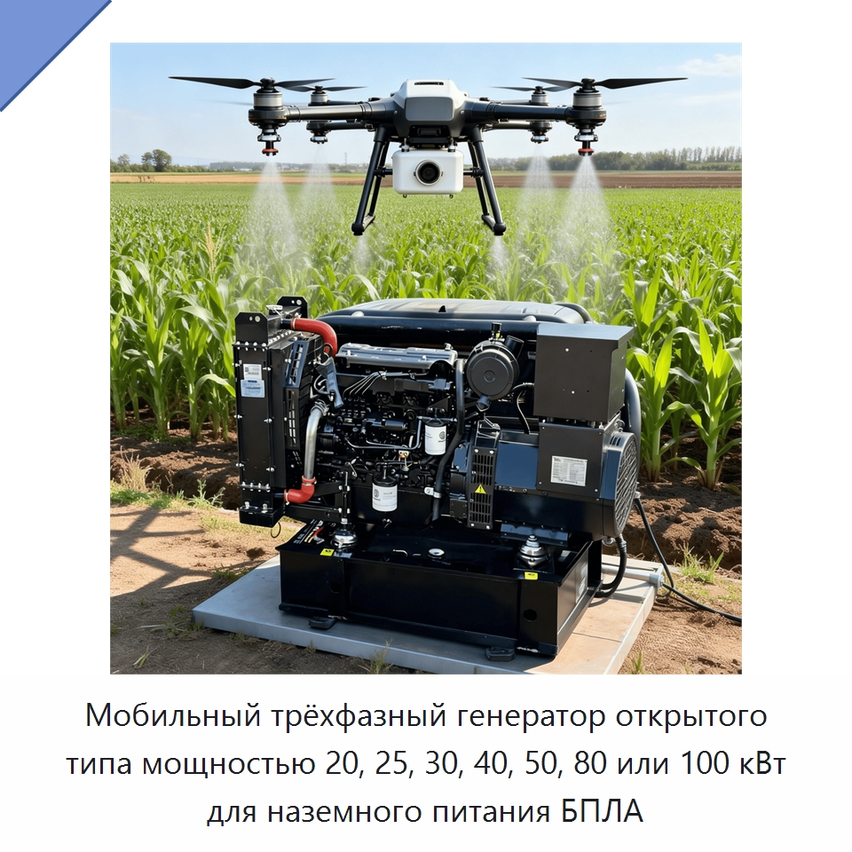 Мобильный трёхфазный генератор открытого типа мощностью 20, 25, 30, 40, 50, 80 или 100 кВт для наземного питания БПЛА — Дизельные генераторы