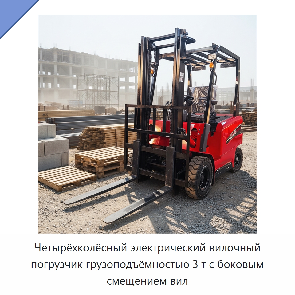 Четырёхколёсный электрический вилочный погрузчик грузоподъёмностью 3 т с боковым смещением вил — Вилочные погрузчики