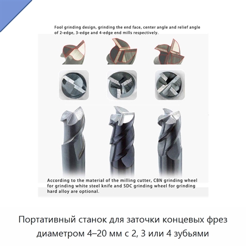 Портативный станок для заточки концевых фрез диаметром 4–20 мм с 2, 3 или 4 зубьями