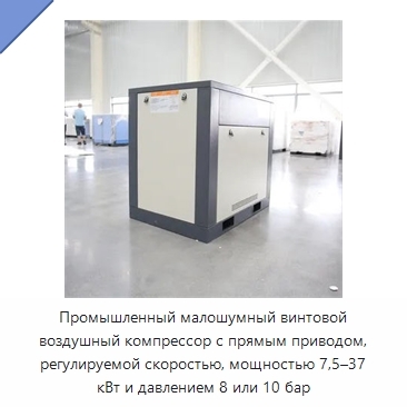 Промышленный малошумный винтовой воздушный компрессор с прямым приводом, регулируемой скоростью, мощностью 7,5–37 кВт и давлением 8 или 10 бар