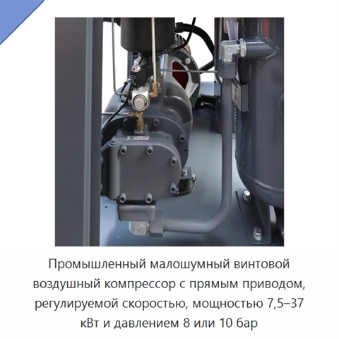 Промышленный малошумный винтовой воздушный компрессор с прямым приводом, регулируемой скоростью, мощностью 7,5–37 кВт и давлением 8 или 10 бар