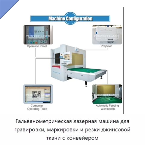 Гальванометрическая лазерная машина для гравировки, маркировки и резки джинсовой ткани с конвейером