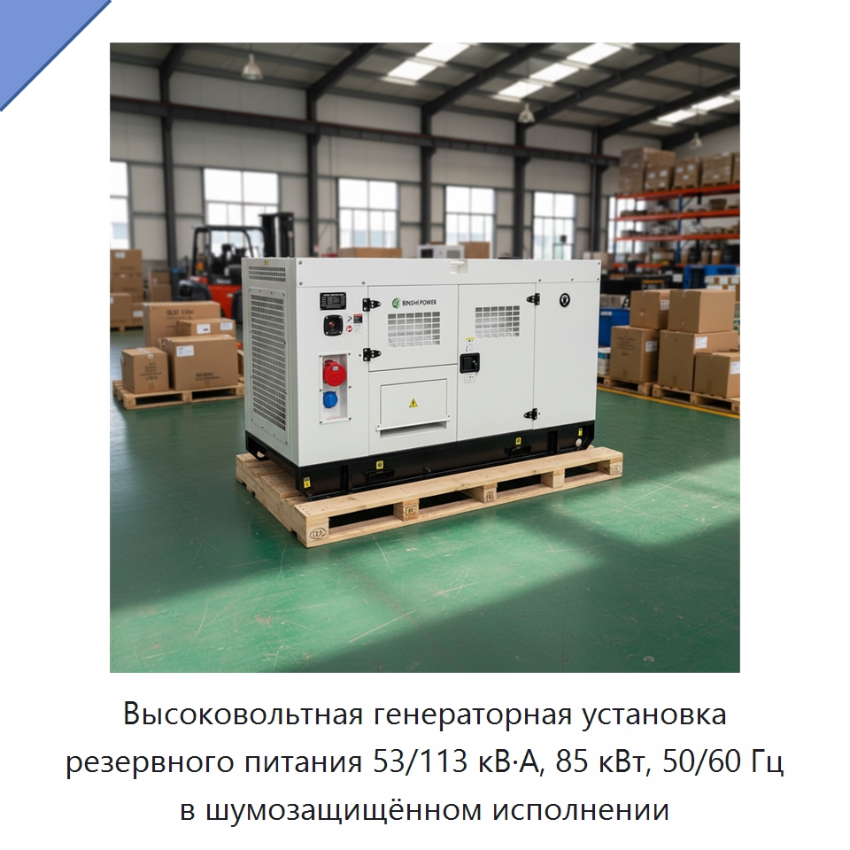 Высоковольтная генераторная установка резервного питания 53/113 кВ·А, 85 кВт, 50/60 Гц в шумозащищённом исполнении — Дизельные генераторы