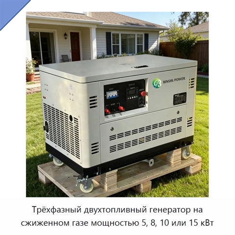 Трёхфазный двухтопливный генератор на сжиженном газе мощностью 5, 8, 10 или 15 кВт