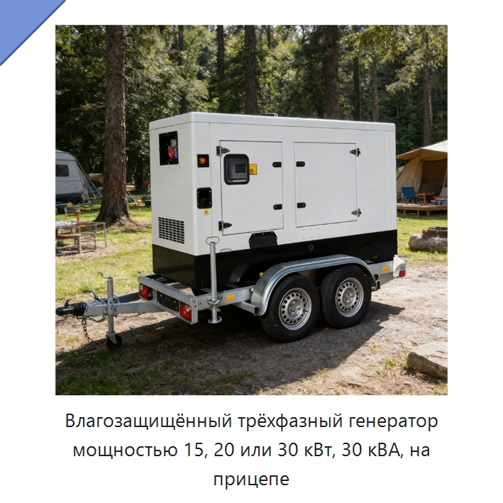 Влагозащищённый трёхфазный генератор мощностью 15, 20 или 30 кВт, 30 кВА, на прицепе — Дизельные генераторы