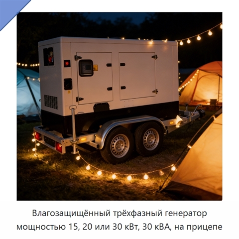 Влагозащищённый трёхфазный генератор мощностью 15, 20 или 30 кВт, 30 кВА, на прицепе