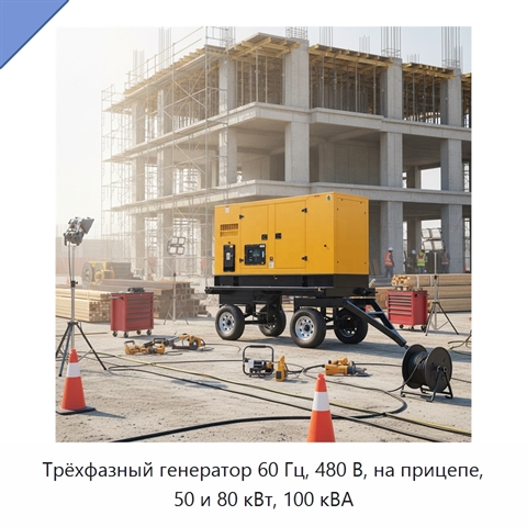 Трёхфазный генератор 60 Гц, 480 В, на прицепе, 50 и 80 кВт, 100 кВА
