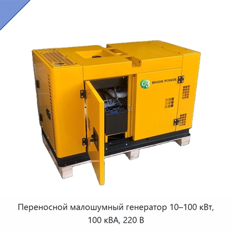 Переносной малошумный генератор 10–100 кВт, 100 кВА, 220 В