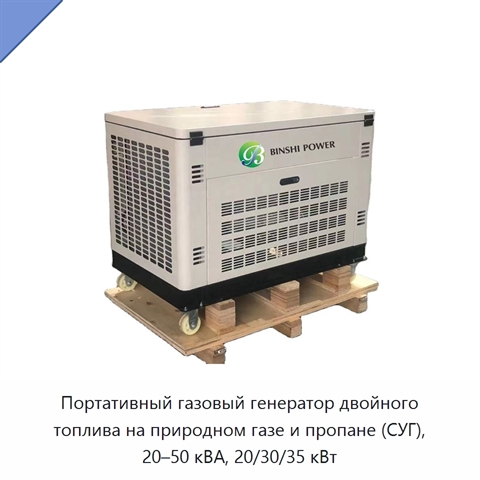 Портативный газовый генератор двойного топлива на природном газе и пропане (СУГ), 20–50 кВА, 20/30/35 кВт