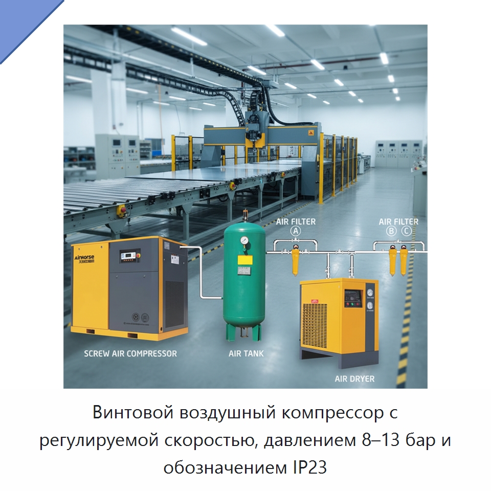 Винтовой воздушный компрессор с регулируемой скоростью, давлением 8–13 бар и обозначением IP23 — Промышленные компрессоры