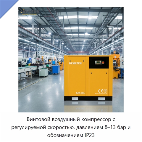 Винтовой воздушный компрессор с регулируемой скоростью, давлением 8–13 бар и обозначением IP23