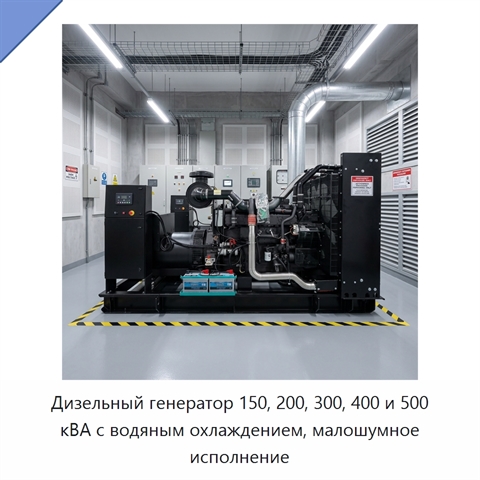 Дизельный генератор 150, 200, 300, 400 и 500 кВА с водяным охлаждением, малошумное исполнение