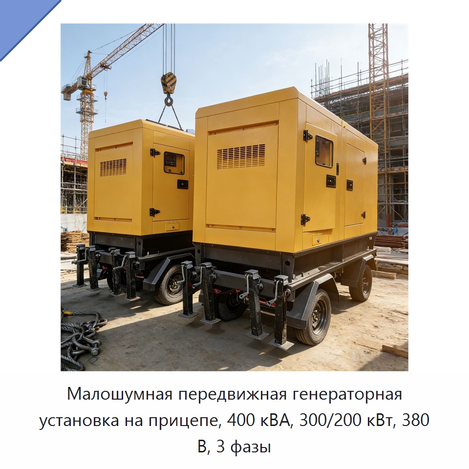Малошумная передвижная генераторная установка на прицепе, 400 кВА, 300/200 кВт, 380 В, 3 фазы — Дизельные генераторы