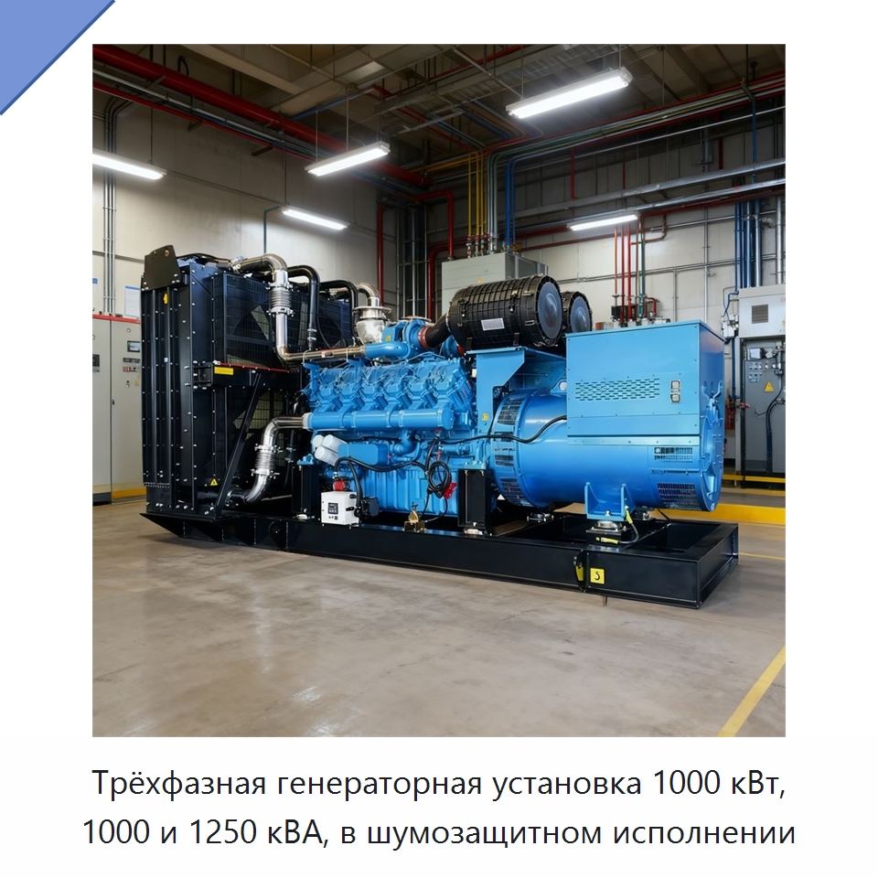 Трёхфазная генераторная установка 1000 кВт, 1000 и 1250 кВА, в шумозащитном исполнении — Дизельные генераторы