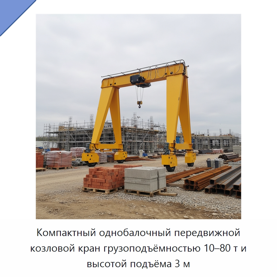 Компактный однобалочный передвижной козловой кран грузоподъёмностью 10–80 т и высотой подъёма 3 м — Краны
