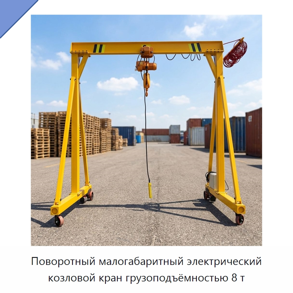Поворотный малогабаритный электрический козловой кран грузоподъёмностью 8 т — Краны