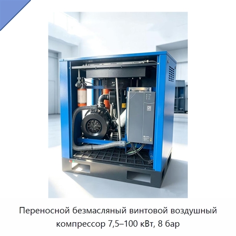 Переносной безмасляный винтовой воздушный компрессор 7,5–100 кВт, 8 бар
