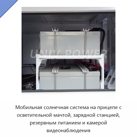 Мобильная солнечная система на прицепе с осветительной мачтой, зарядной станцией, резервным питанием и камерой видеонаблюдения