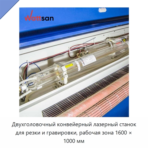 Двухголовочный конвейерный лазерный станок для резки и гравировки, рабочая зона 1600 × 1000 мм