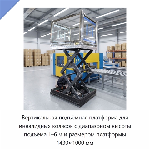 Вертикальная подъёмная платформа для инвалидных колясок с диапазоном высоты подъёма 1–6 м и размером платформы 1430×1000 мм