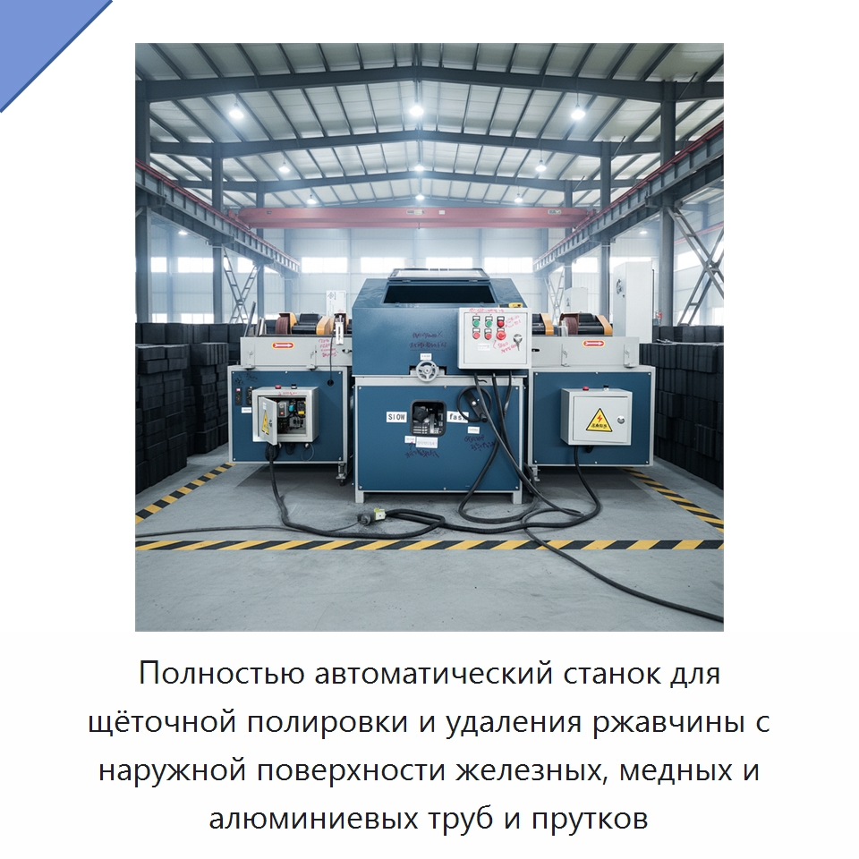 Полностью автоматический станок для щёточной полировки и удаления ржавчины с наружной поверхности железных, медных и алюминиевых труб и прутков — Полировальные станки по металлу