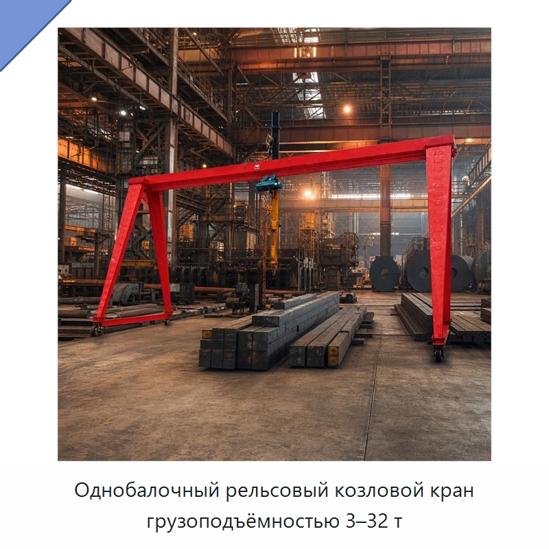 Однобалочный рельсовый козловой кран грузоподъёмностью 3–32 т — Краны