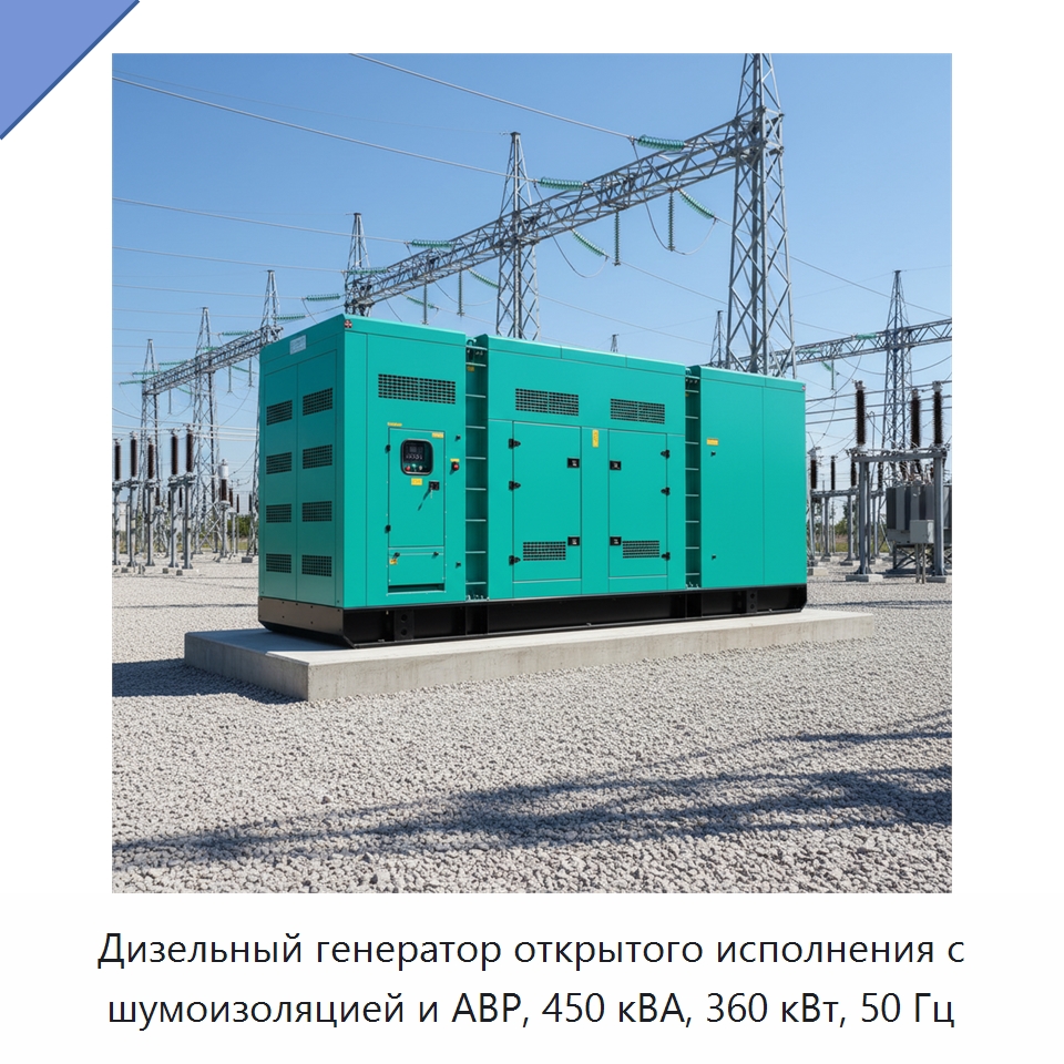 Дизельный генератор открытого исполнения с шумоизоляцией и АВР, 450 кВА, 360 кВт, 50 Гц — Дизельные генераторы