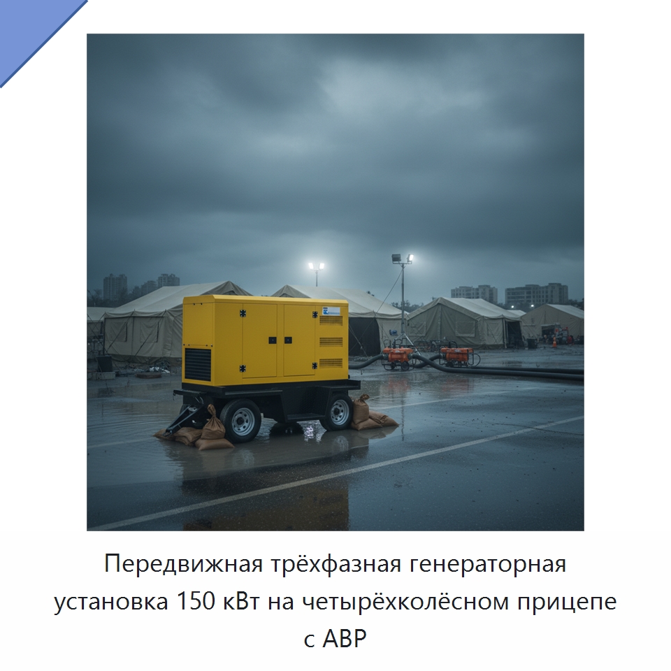Передвижная трёхфазная генераторная установка 150 кВт на четырёхколёсном прицепе с АВР — Дизельные генераторы