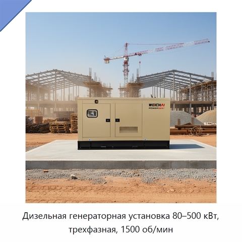 Дизельная генераторная установка 80–500 кВт, трехфазная, 1500 об/мин