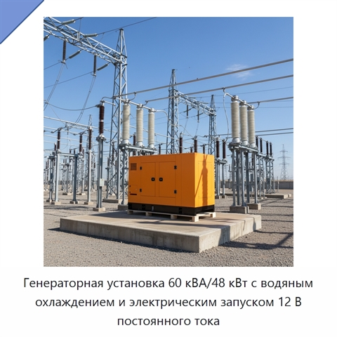 Генераторная установка 60 кВА/48 кВт с водяным охлаждением и электрическим запуском 12 В постоянного тока
