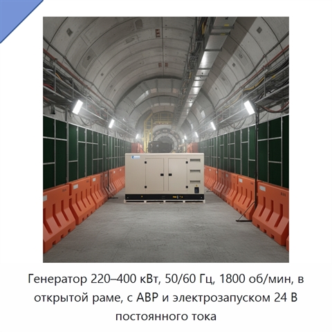 Генератор 220–400 кВт, 50/60 Гц, 1800 об/мин, в открытой раме, с АВР и электрозапуском 24 В постоянного тока