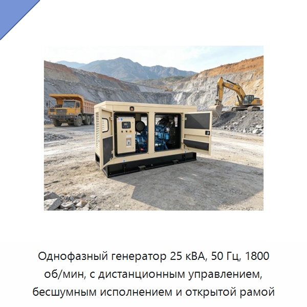 Однофазный генератор 25 кВА, 50 Гц, 1800 об/мин, с дистанционным управлением, бесшумным исполнением и открытой рамой — Дизельные генераторы