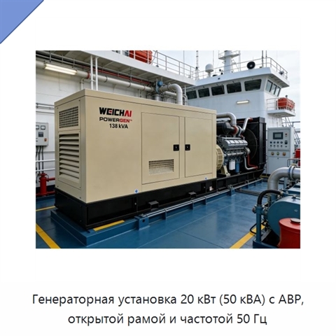 Генераторная установка 20 кВт (50 кВА) с АВР, открытой рамой и частотой 50 Гц
