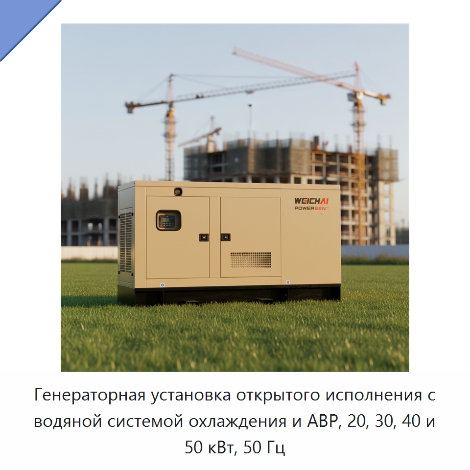 Генераторная установка открытого исполнения с водяной системой охлаждения и АВР, 20, 30, 40 и 50 кВт, 50 Гц — Дизельные генераторы