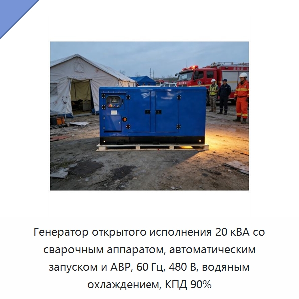 Генератор открытого исполнения 20 кВА со сварочным аппаратом, автоматическим запуском и АВР, 60 Гц, 480 В, водяным охлаждением, КПД 90% — Дизельные генераторы
