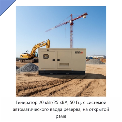 Генератор 20 кВт/25 кВА, 50 Гц, с системой автоматического ввода резерва, на открытой раме