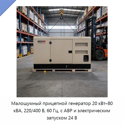 Малошумный прицепной генератор 20 кВт–80 кВА, 220/400 В, 60 Гц, с АВР и электрическим запуском 24 В