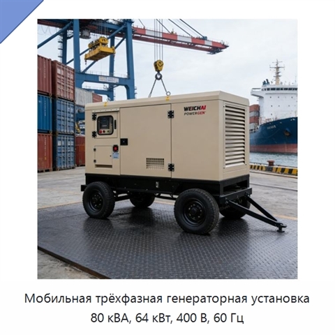 Мобильная трёхфазная генераторная установка 80 кВА, 64 кВт, 400 В, 60 Гц