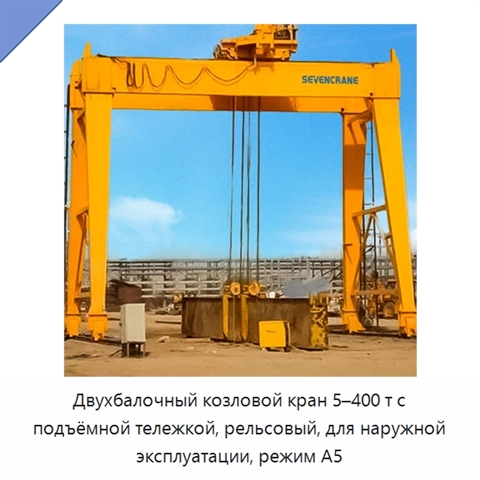 Двухбалочный козловой кран 5–400 т с подъёмной тележкой, рельсовый, для наружной эксплуатации, режим A5